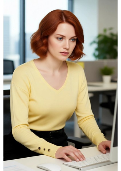 Kadın Düz Desen Regular Kalıp Triko V Yaka Kazak Uzun Kollu ve Şık Düğme Detayları Ile Kaliteli fırsatları