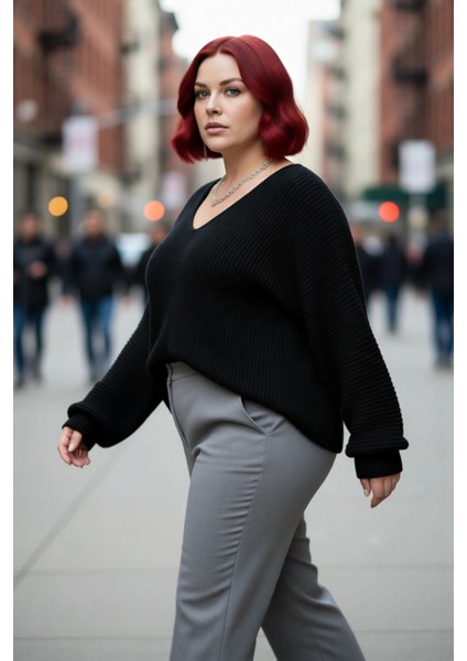 Kadın Büyük Beden V Yaka Kalın Triko Kazak Düz Akrilik Selanik Dokuma Kışlık Şık Seçim Kaliteli modelleri