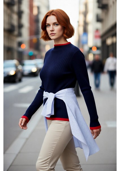 Kadın Akrilik Fitted Kesim Dik Yaka Fitilli Triko Kazak Standart Kol Günlük Rahatlık Için Ideal modelleri