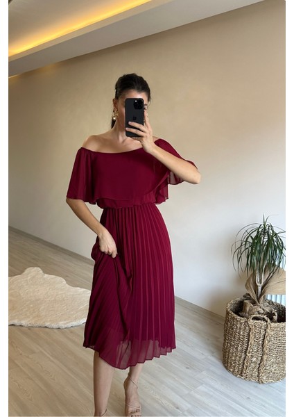 Kadın Omzu Açık Piliseli Midi Şifon Elbise NM006