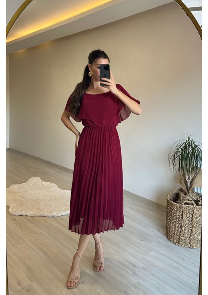 Kadın Omzu Açık Piliseli Midi Şifon Elbise NM006 fiyatları