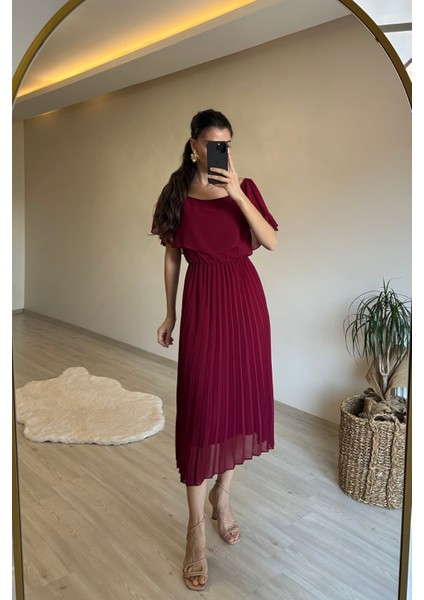 Kadın Omzu Açık Piliseli Midi Şifon Elbise NM006 modelleri