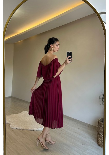 Kadın Omzu Açık Piliseli Midi Şifon Elbise NM006 fırsatları