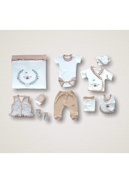 Erguvan Taç Nakışlı Kız Bebek 10LU Zıbın Takımı Hastane Çıkışı Nar Çiçeği