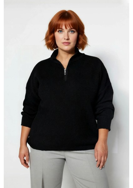 Kadın Rahat Kesim Düz Dokulu Dik Yaka Fermuarlı Uzun Kollu Akrilik Triko Kazak Kışlık Stil