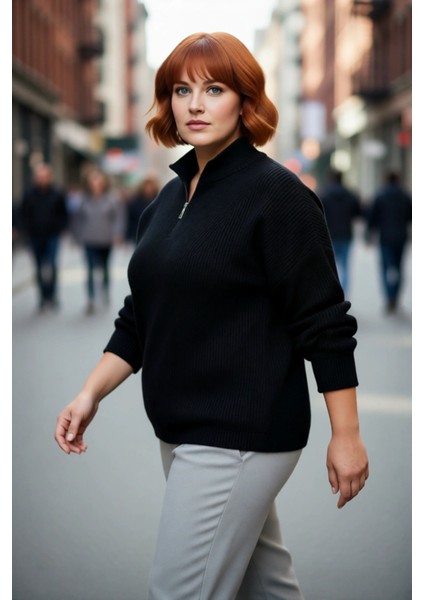 Kadın Rahat Kesim Düz Dokulu Dik Yaka Fermuarlı Uzun Kollu Akrilik Triko Kazak Kışlık Stil modelleri