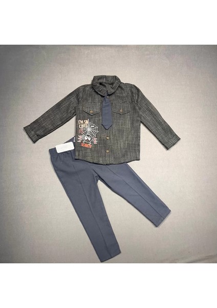 3-4-5 Yaş Kravatlı Keten Gömlek Gabardin Pantolon Uzun Kollu 3lü Erkek Çocuk Takımı Füme