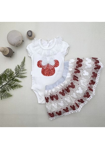 1-2-3 Yaş Payetli Mickey Nakışlı Kısa Kollu Brode Etekli 2li Kız Bebek Takımı Kırmızı