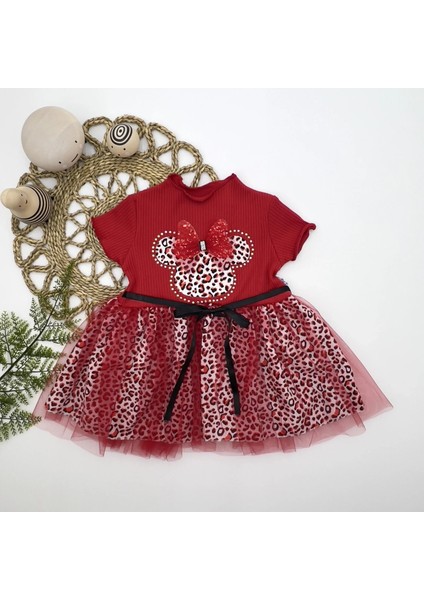 1-2-3 Yaş Fiyonklu Mickey Astarlı Etekli Kız Bebek Tütü Elbisesi Kırmızı