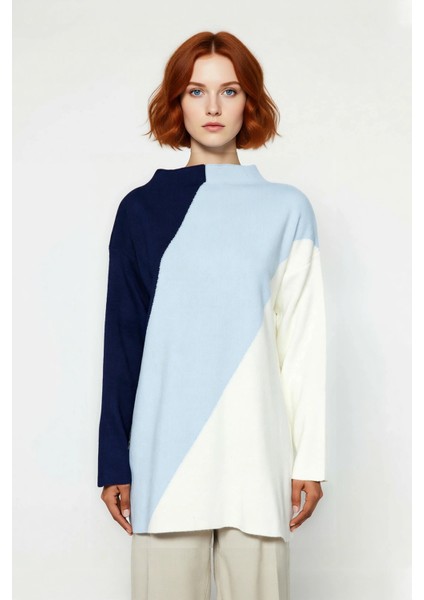 Kadınlara Özel Relaxed Fit Dik Yaka Renk Bloklu Triko Kazak Günlük Giyim Için Ideal Seçim Kaliteli