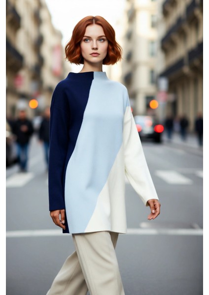 Kadınlara Özel Relaxed Fit Dik Yaka Renk Bloklu Triko Kazak Günlük Giyim Için Ideal Seçim Kaliteli modelleri