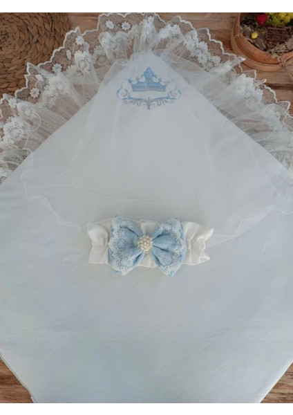 Yenidoğan Teri Cotton Taç Nakışlı Prizma Taş Kundak Bebek Battaniyesi Mavi modelleri