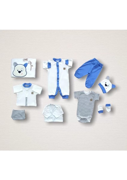 Minik Centilmen Ayı Nakışlı 10LU Zıbın Takımı Hastane Çıkışı Mavi