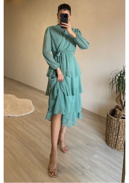 Kadın Kat Kat Volanlı Kuşaklı Midi Şifon Elbise NM004
