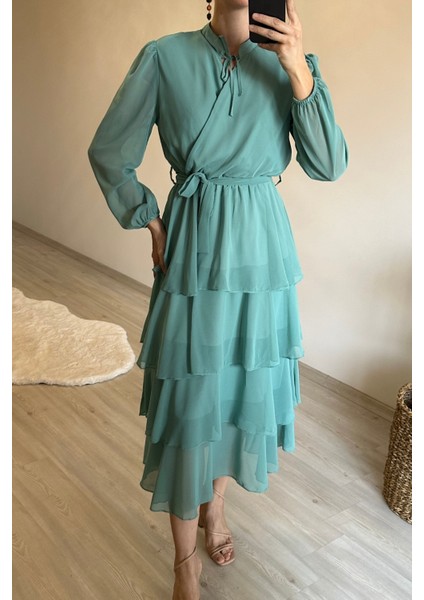 Kadın Kat Kat Volanlı Kuşaklı Midi Şifon Elbise NM004 fiyatları