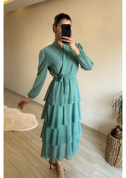 Kadın Kat Kat Volanlı Kuşaklı Midi Şifon Elbise NM004 modelleri