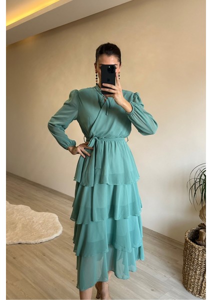 Kadın Kat Kat Volanlı Kuşaklı Midi Şifon Elbise NM004 fırsatları