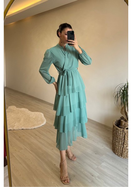 Kadın Kat Kat Volanlı Kuşaklı Midi Şifon Elbise NM004 indirimleri