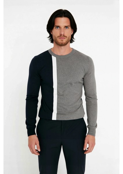 Erkek Basic Siluet Bisiklet Yaka Renk Bloklu Uzun Kollu Fitted Kalıp Intersia Triko Kazak Kaliteli