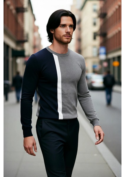 Erkek Basic Siluet Bisiklet Yaka Renk Bloklu Uzun Kollu Fitted Kalıp Intersia Triko Kazak Kaliteli modelleri