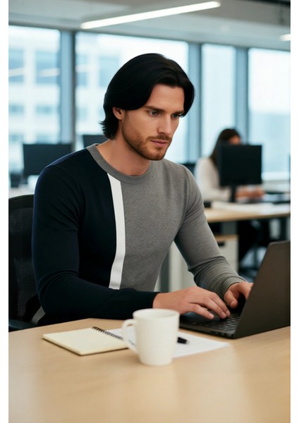 Erkek Basic Siluet Bisiklet Yaka Renk Bloklu Uzun Kollu Fitted Kalıp Intersia Triko Kazak Kaliteli fırsatları