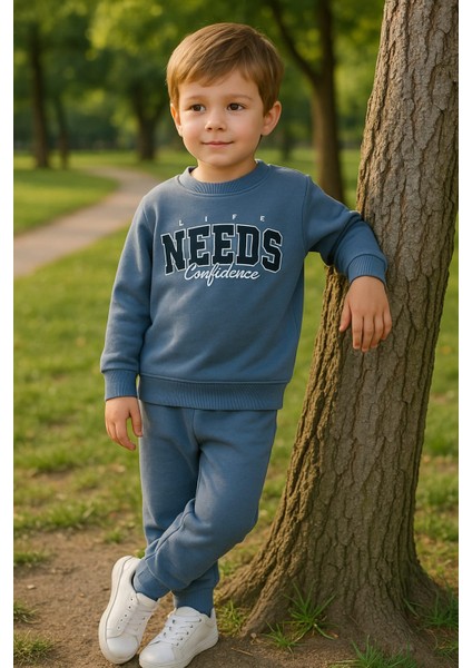 Erkek Çocuk Kışlık Eşofman Takımı Life Needs Confidence Yazılı Pamuklu Üç Iplik Şardonlu Günlük Kombin 2-3-4-5-6 Yaş