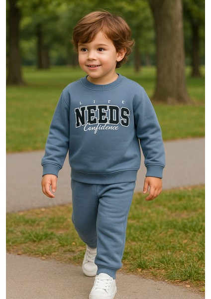 Erkek Çocuk Kışlık Eşofman Takımı Life Needs Confidence Yazılı Pamuklu Üç Iplik Şardonlu Günlük Kombin 2-3-4-5-6 Yaş modelleri