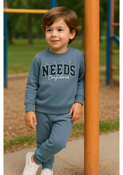 Erkek Çocuk Kışlık Eşofman Takımı Life Needs Confidence Yazılı Pamuklu Üç Iplik Şardonlu Günlük Kombin 2-3-4-5-6 Yaş fırsatları