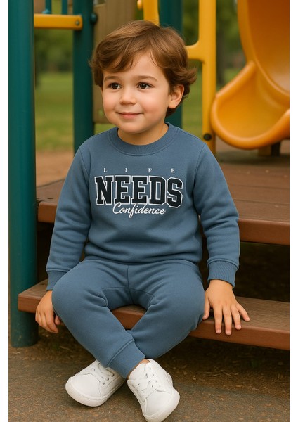 Erkek Çocuk Kışlık Eşofman Takımı Life Needs Confidence Yazılı Pamuklu Üç Iplik Şardonlu Günlük Kombin 2-3-4-5-6 Yaş indirimleri