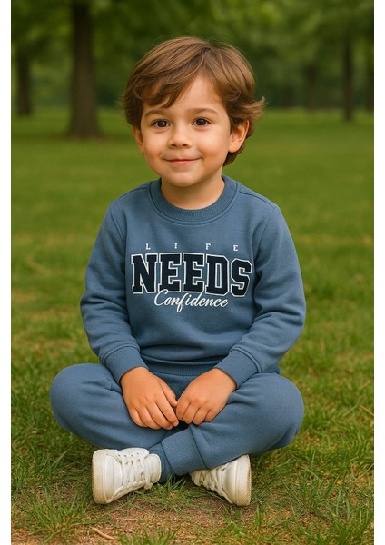 Erkek Çocuk Kışlık Eşofman Takımı Life Needs Confidence Yazılı Pamuklu Üç Iplik Şardonlu Günlük Kombin 2-3-4-5-6 Yaş