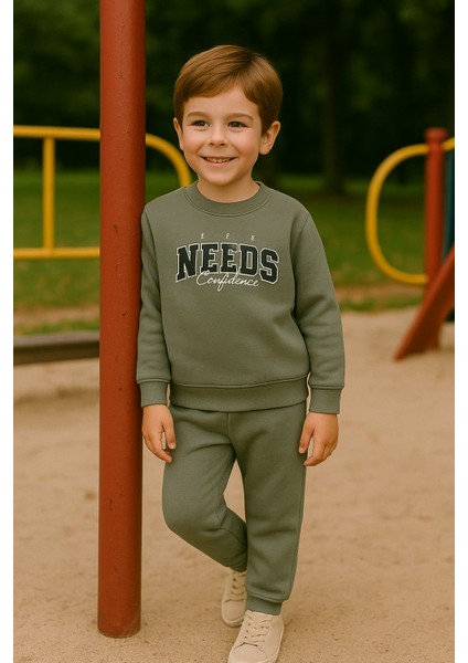 Erkek Çocuk Kışlık Eşofman Takımı Life Needs Confidence Yazılı Pamuklu Üç Iplik Şardonlu Günlük Kombin 2-3-4-5-6 Yaş