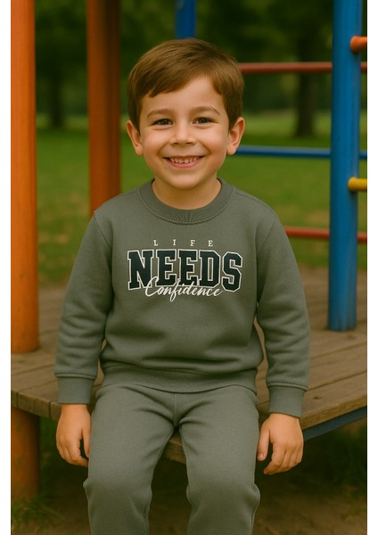 Erkek Çocuk Kışlık Eşofman Takımı Life Needs Confidence Yazılı Pamuklu Üç Iplik Şardonlu Günlük Kombin 2-3-4-5-6 Yaş fiyatları