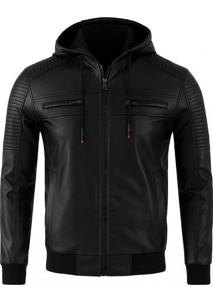 Erkek Siyah Dar Kesim Kapüşonlu Bel Lastikli Ribanalı Deri Ceket & Mont modelleri