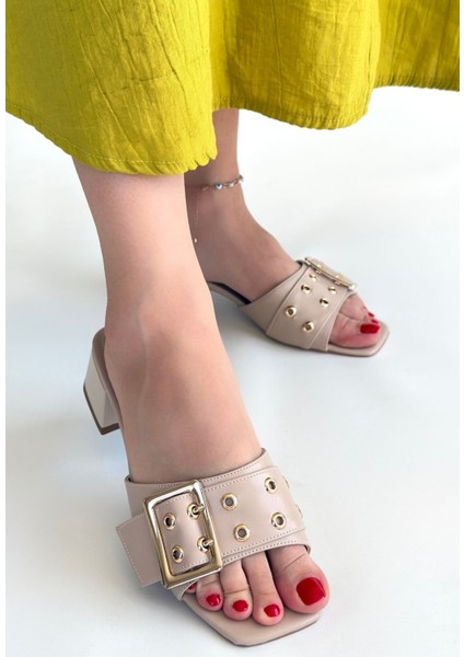 Ciey Bej Cilt Topuklu Terlik - Lisinya