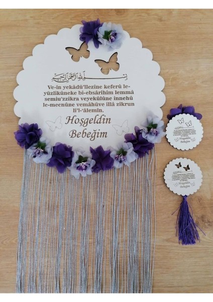 Hoşgeldin Bebeğim Özel Tasarım Kapı Süsü ve 10 Adet Hatıra Magneti Mor