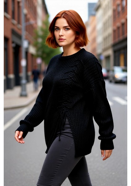 Kadın Rahat Kesim Gri Bağcık Detaylı Selanik Örgü Kışlık Triko Kazak Düşük Kol Stiliyle Kaliteli modelleri