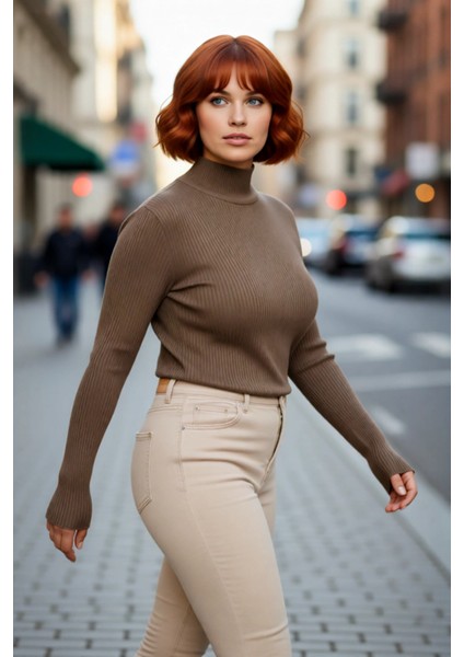 Kadın Akrilik Dik Yaka Fitilli Triko Kazak Fitted Kalıbı Ile Konforlu ve Şık Günlük Giyim Kaliteli modelleri