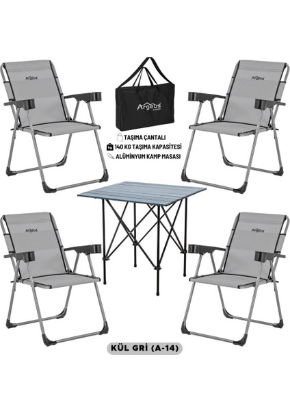 4 Adet Katlanır Kamp Sandalyesi ve Alüminyum Masa Seti - Rock Dark - Kül Gri - Taşıma Çantalı