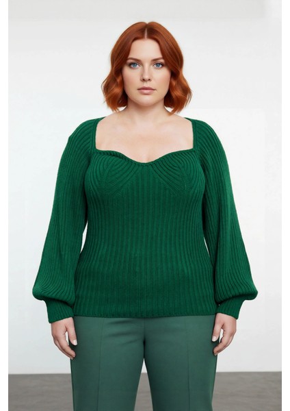 Kadın Modern Kalp Yaka Triko Kazak Fitted Kalıp Uzun Reglan Kol Fitilli Örme Şıklığı Kışa Özel