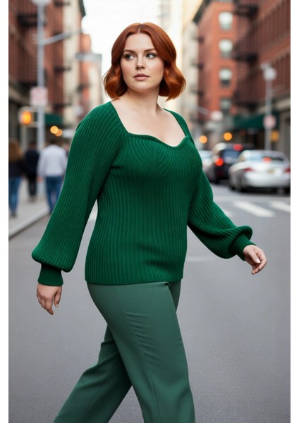 Kadın Modern Kalp Yaka Triko Kazak Fitted Kalıp Uzun Reglan Kol Fitilli Örme Şıklığı Kışa Özel modelleri