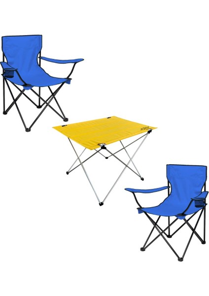 2 Adet Katlanır Kamp Sandalyesi ve Masa Seti - (DY.001) - Mavi/sarı - Plaj Sandalyesi