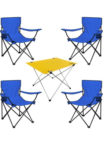 4 Adet Katlanır Kamp Sandalyesi ve Masa Seti - (DY.001) - Mavi/sarı - Plaj Sandalyesi