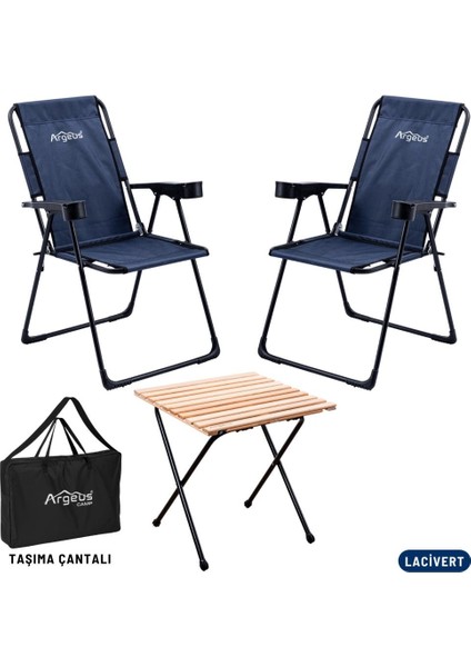 2 Adet Katlanır Kamp Sandalyesi ve Masa Seti - Rest - Taşıma Çantalı - Lacivert - 130 kg Taşıma