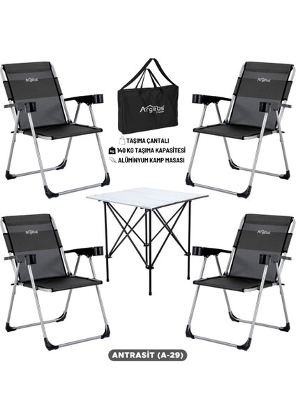 4 Adet Katlanır Kamp Sandalyesi ve Alüminyum Masa Seti - Rock Silver - Antrasit - Taşıma Çantalı