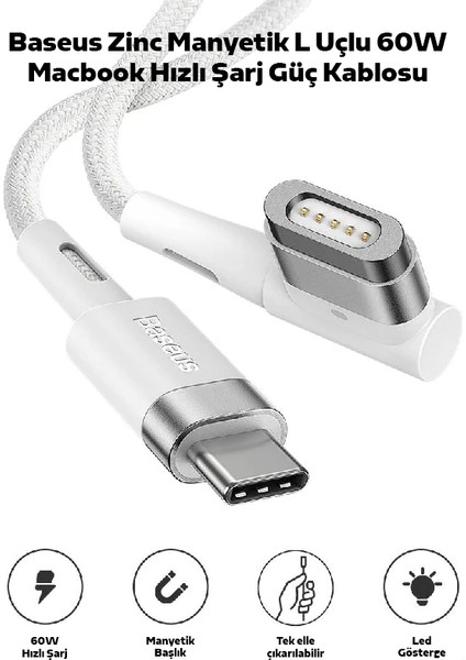 Baseus Zinc Manyetik L Uçlu 60W Macbook Hızlı Şarj Güç Kablosu 2M-(1903) fiyatları