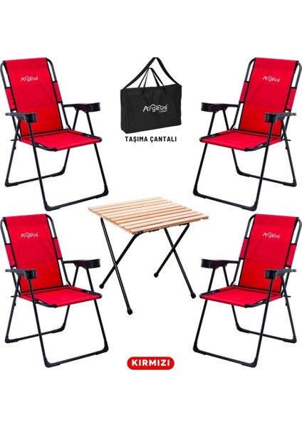 4 Adet Katlanır Kamp Sandalyesi ve Masa Seti - Rest - Taşıma Çantalı - Kırmızı - 130 kg Taşıma