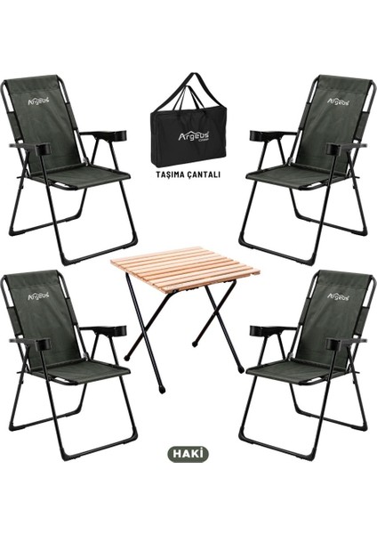 4 Adet Katlanır Kamp Sandalyesi ve Masa Seti - Rest - Taşıma Çantalı - Haki - 130 kg Taşıma