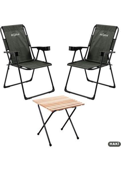 2 Adet Katlanır Kamp Sandalyesi ve Masa Seti - Rest - Haki - 130 kg Taşıma