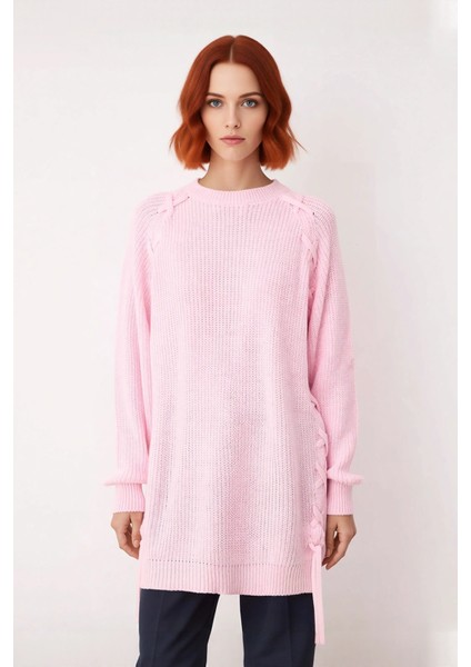 Kadın Rahat Kesim Reglan Kol Örgü Detaylı Selanik Dokuma Bisiklet Yaka Akrilik Triko Kazak