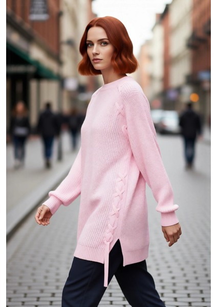 Kadın Rahat Kesim Reglan Kol Örgü Detaylı Selanik Dokuma Bisiklet Yaka Akrilik Triko Kazak modelleri